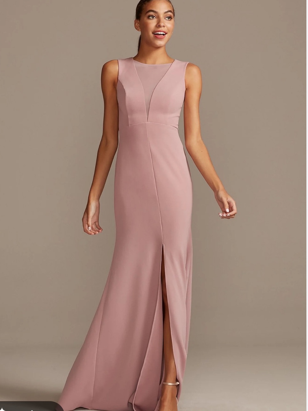 DB Studio Davids Bridal Illusion Deep-V Center Slit Stretch Crepe Dress Sz 4